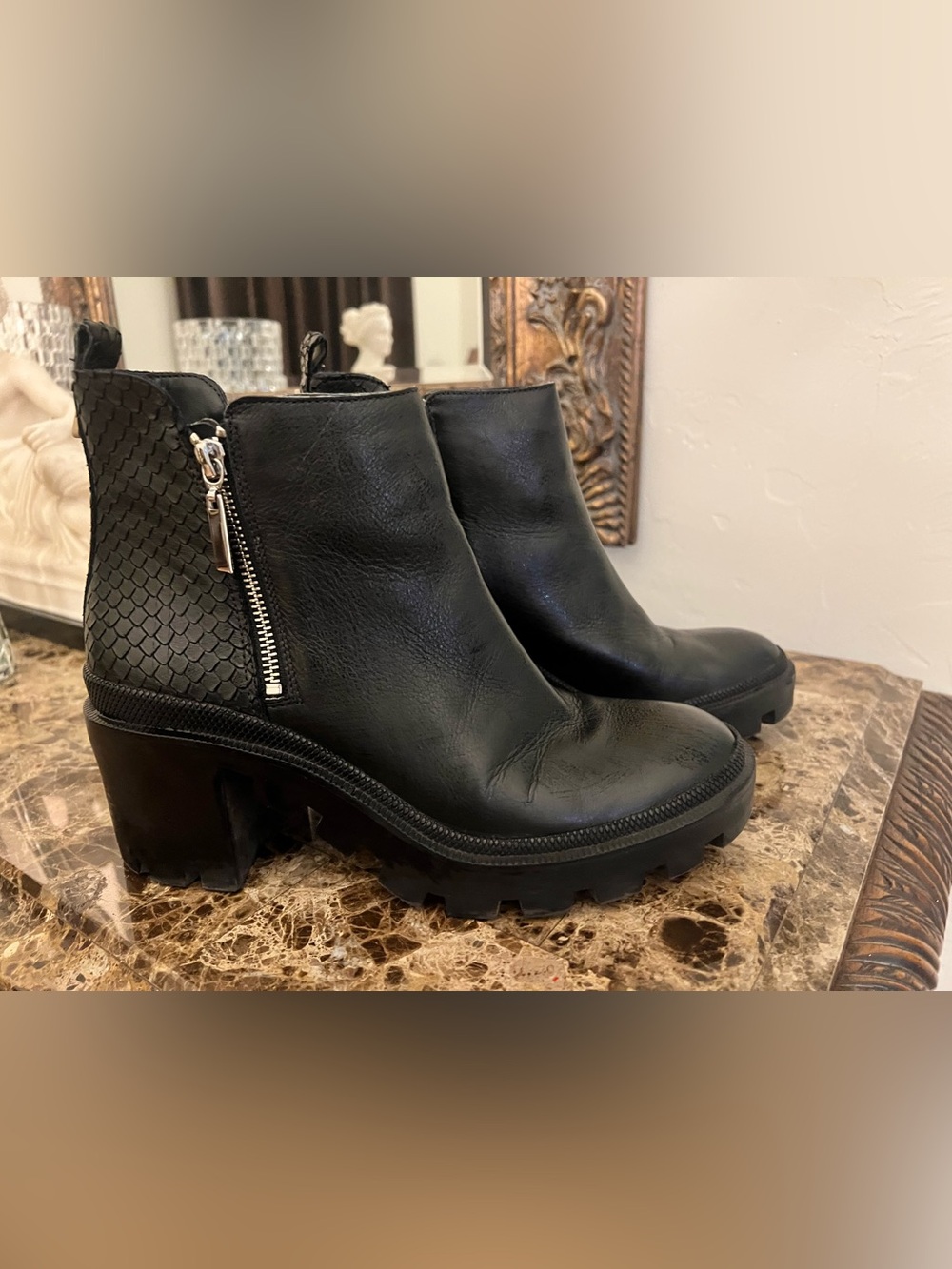 Guess Black Chunky Heel Ankle Booties with Side Zipper